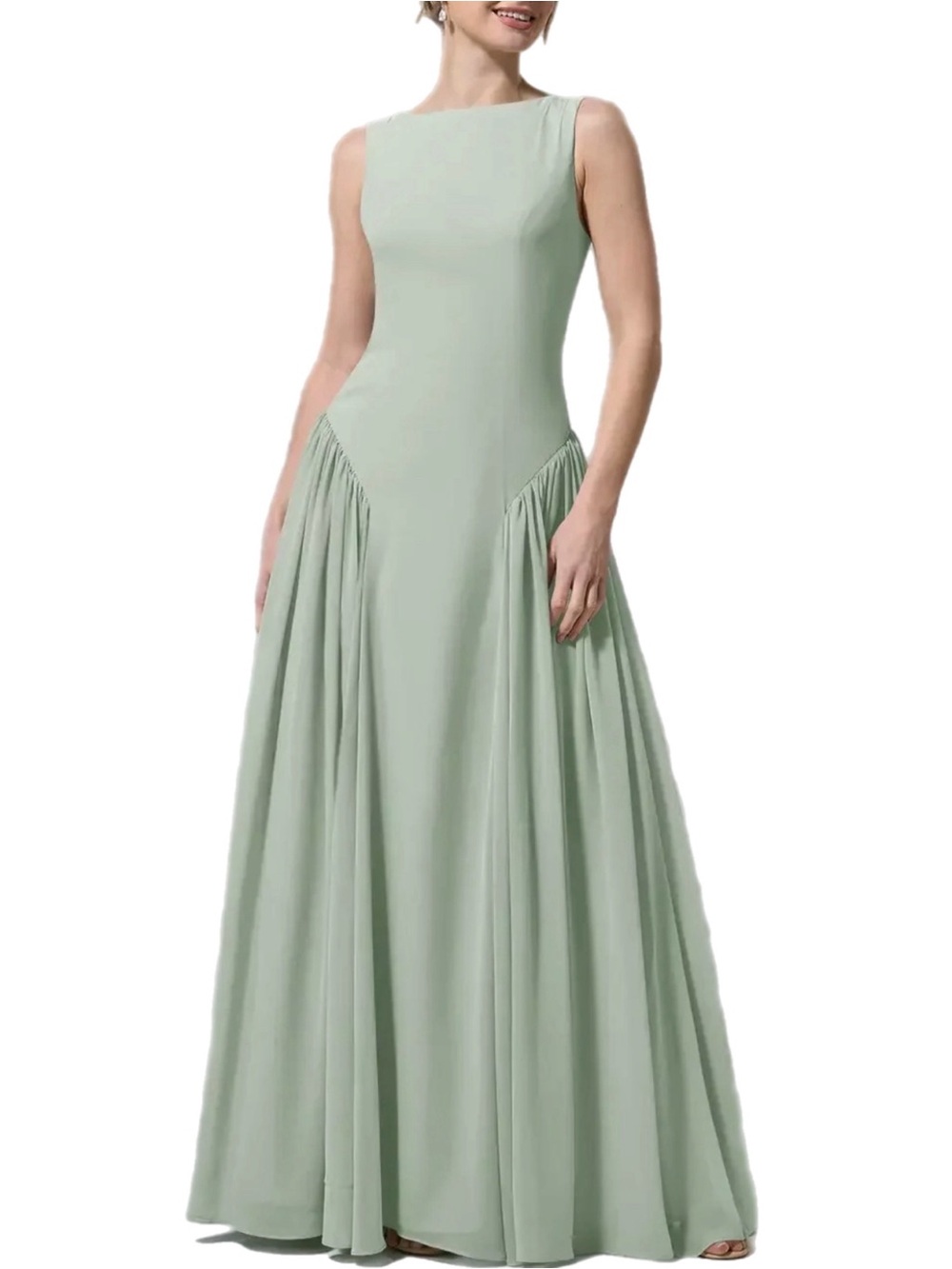 NWOT AW Bridal CLAUDINE Sage Green Chiffon Drop-Waist Floor Length Gown Size 20